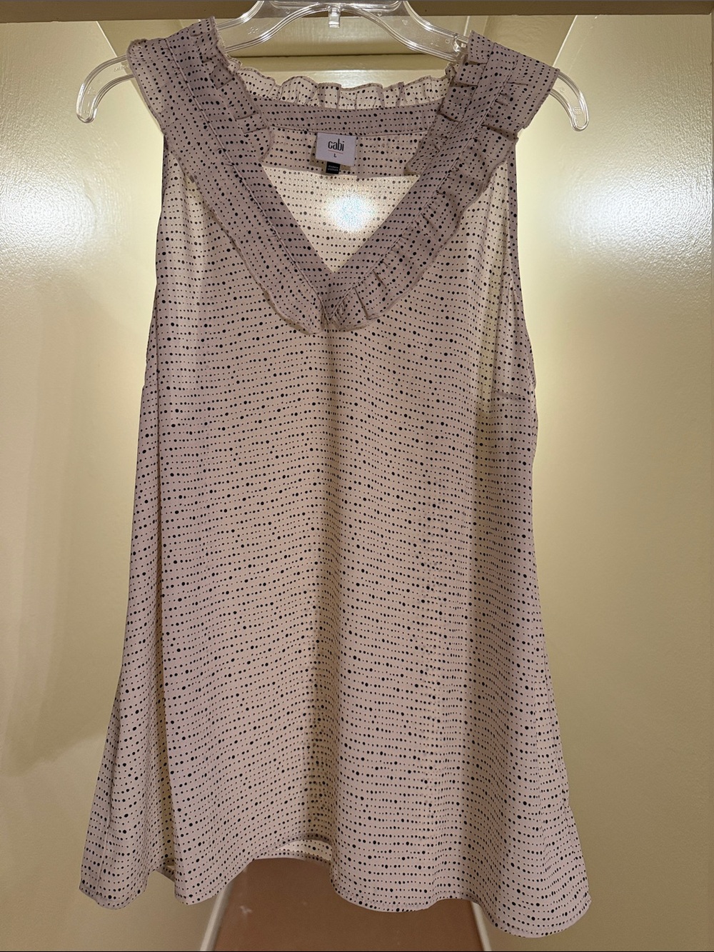 CAbi Sleeveless blouse with Black Dot Print and Ruffle V-Neck Size Large